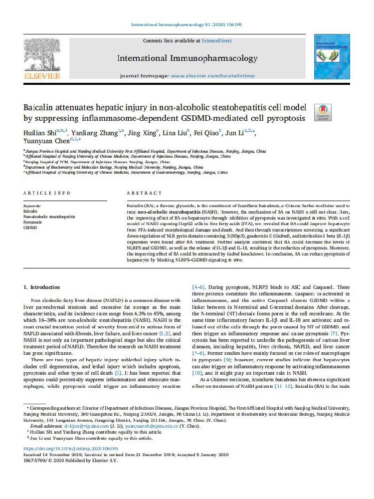 Baicalin attenuates hepatic injury in non-alcoholic steatohepatitis cell model by suppressing inflammasome-dependent GSDMD-mediated cell pyroptosis