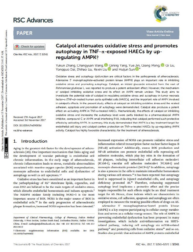 Catalpol attenuates oxidative stress and promotes autophagy in TNF-a-exposed HAECs by upregulating AMPK?