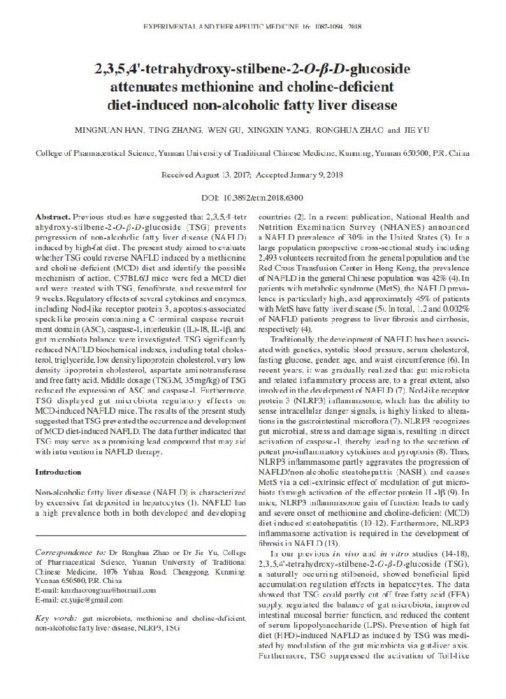 2,3,5,4'?tetrahydroxy?stilbene?2?O?β?D?glucoside attenuates methionine and choline?deficient diet?induced non?alcoholic fatty liver disease