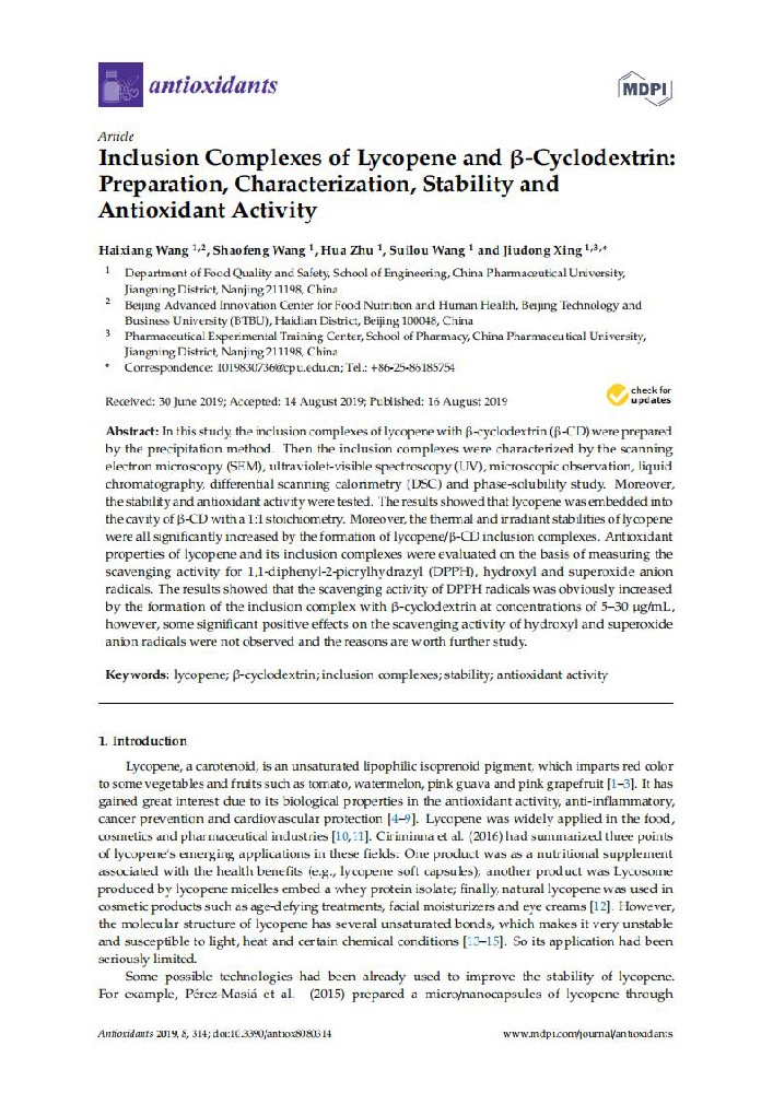 Inclusion Complexes of Lycopene and β-Cyclodextrin: Preparation, Characterization, Stability and Antioxidant Activity